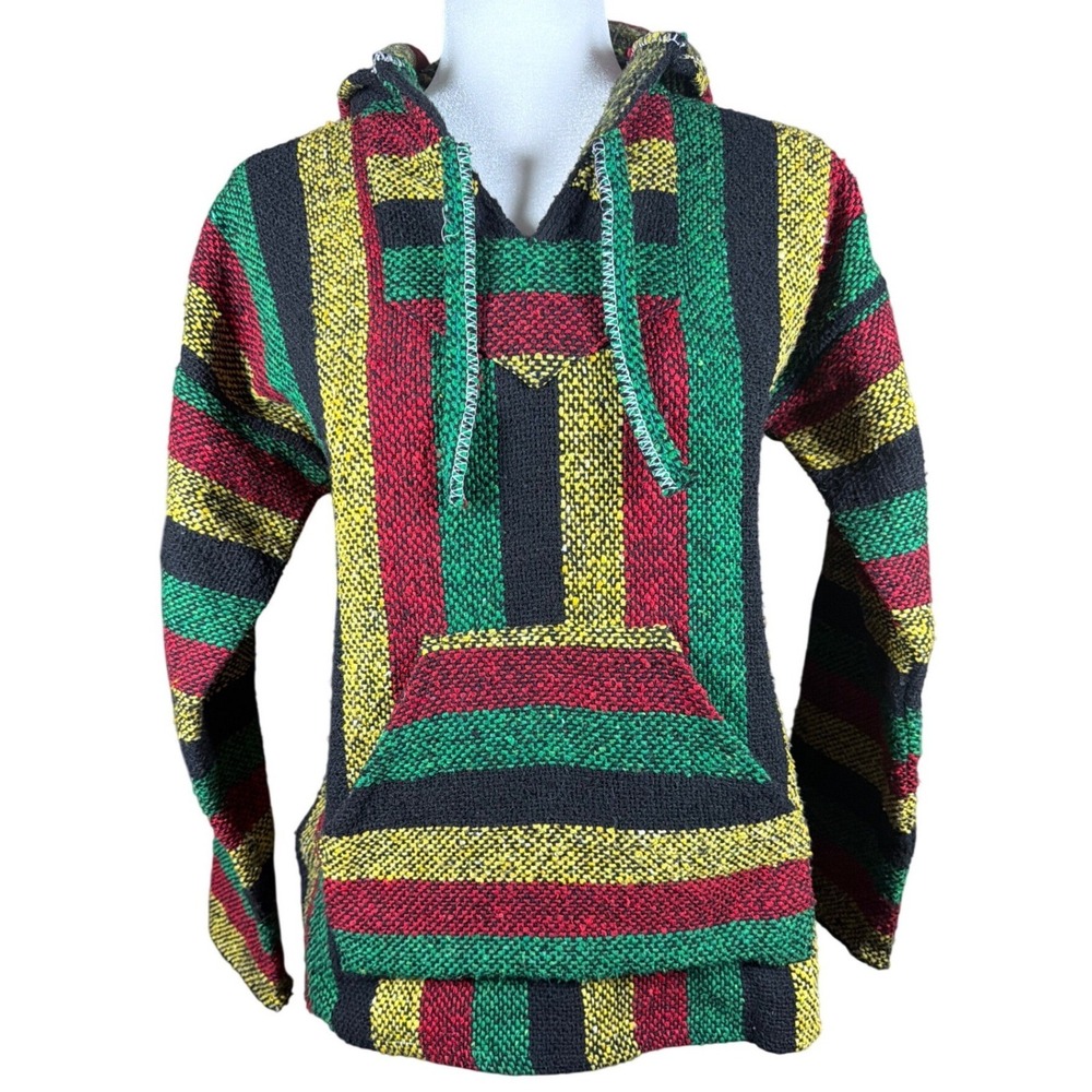 Artilana Mexican Baja Hoodie Rasta Striped Jerga Pullover Red Yellow Green Med